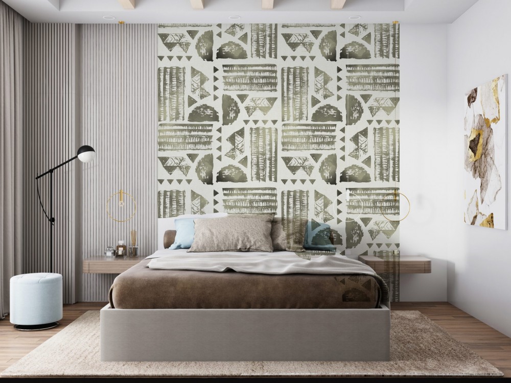 Soyut Kabile Motifli ve Zeytin Yeşili Geometrik Desenli Duvar Kağıdı