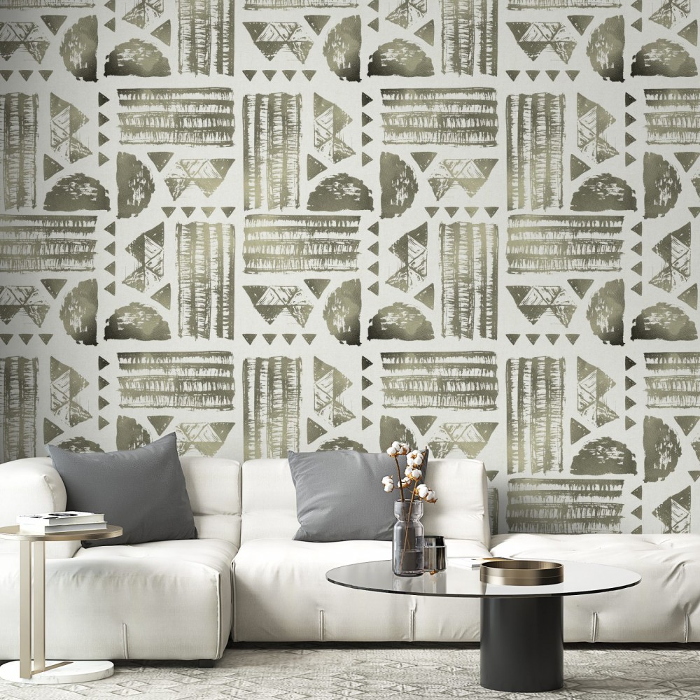 Soyut Kabile Motifli ve Zeytin Yeşili Geometrik Desenli Duvar Kağıdı