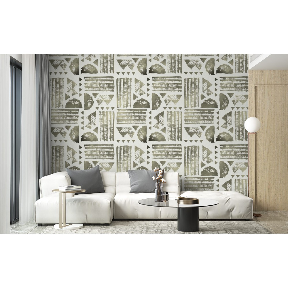 Soyut Kabile Motifli ve Zeytin Yeşili Geometrik Desenli Duvar Kağıdı