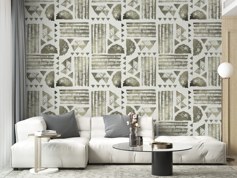 Soyut Kabile Motifli ve Zeytin Yeşili Geometrik Desenli Duvar Kağıdı