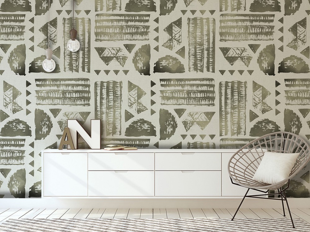 Soyut Kabile Motifli ve Zeytin Yeşili Geometrik Desenli Duvar Kağıdı