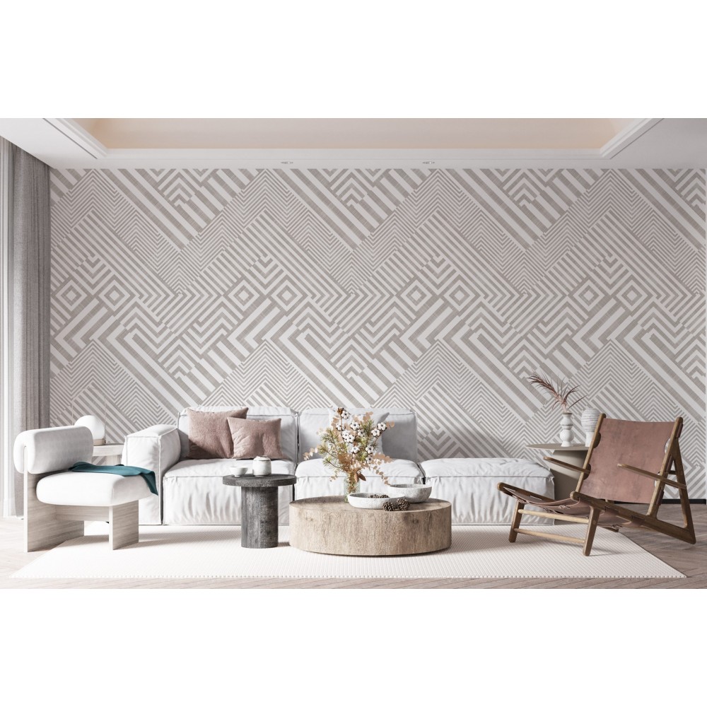 Vizon ve Kemik Tonlu Geometrik Çizgi Desenli Modern Duvar Kağıdı