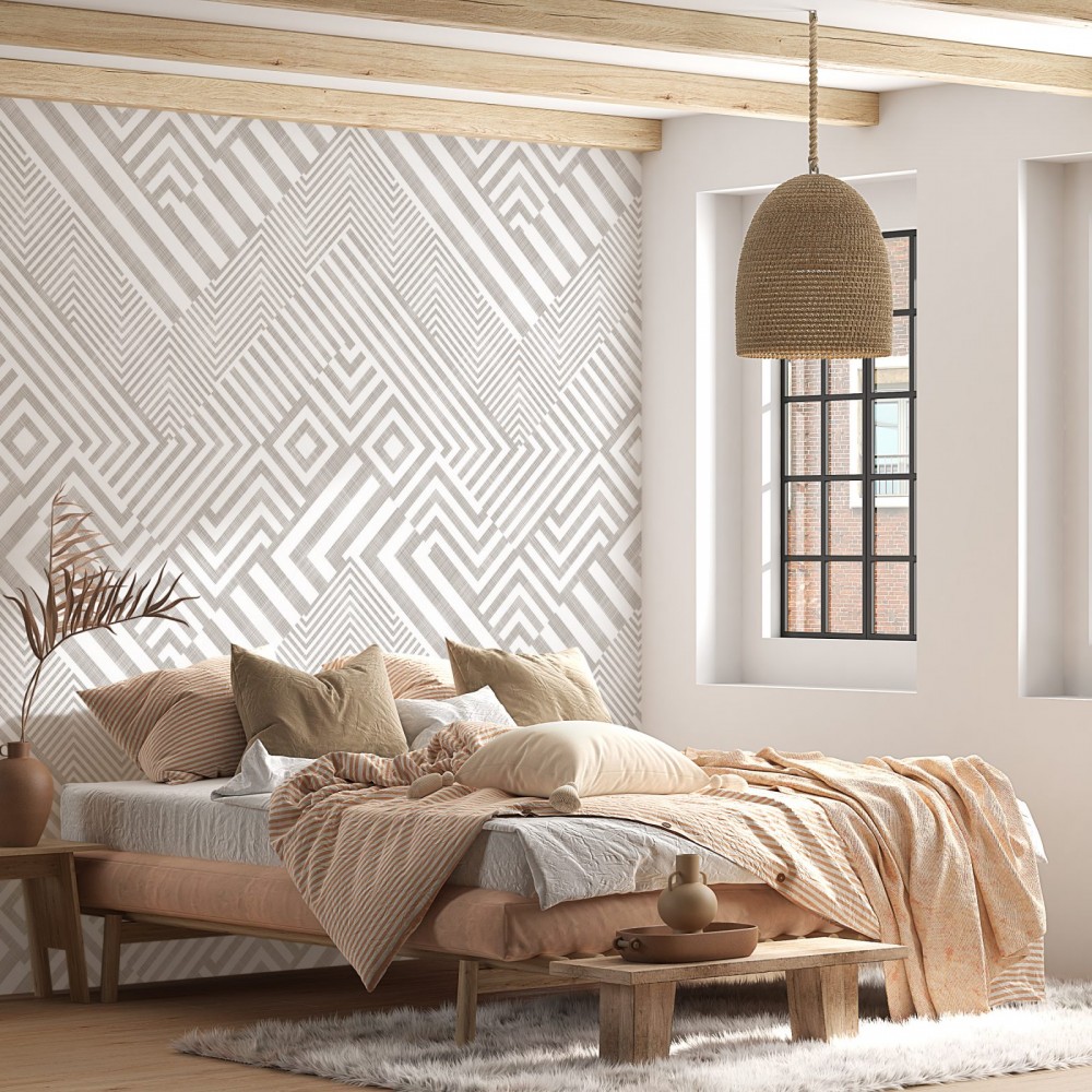 Vizon ve Kemik Tonlu Geometrik Çizgi Desenli Modern Duvar Kağıdı
