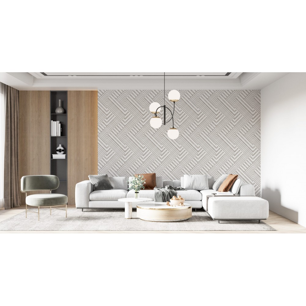 Vizon ve Krem Tonlu Çizgisel Labirent Desenli Geometrik Duvar Kağıdı