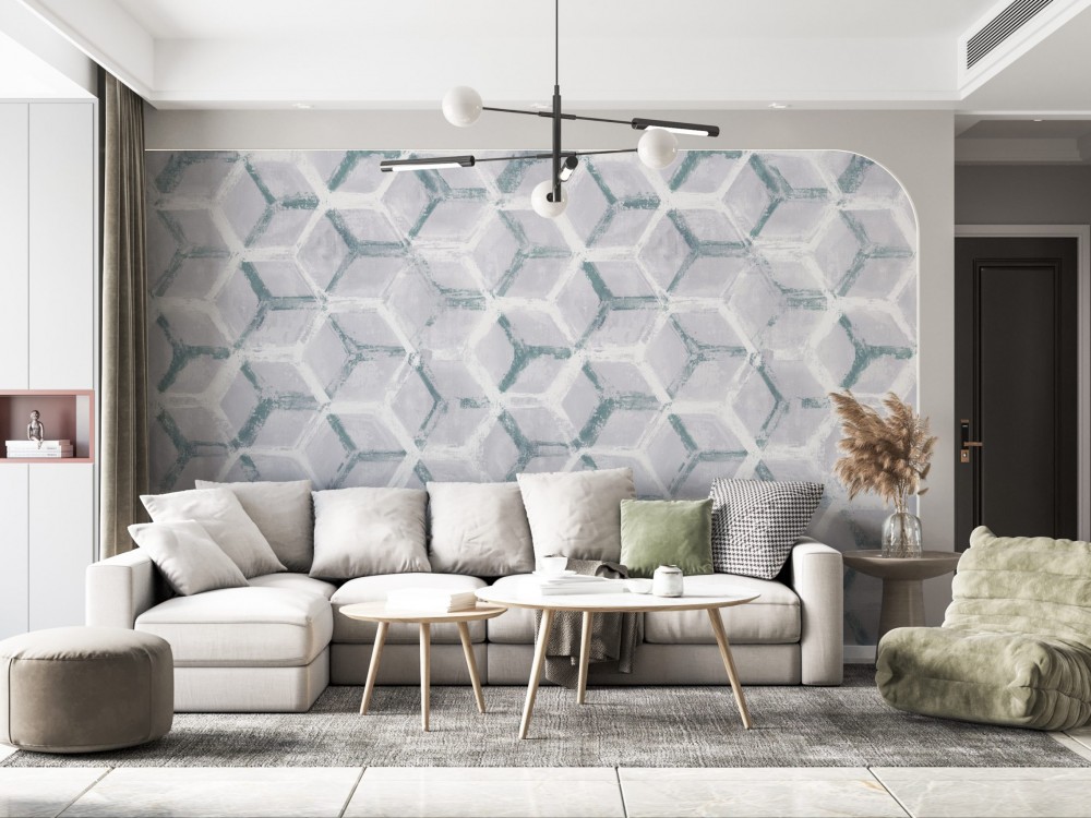 Minimalist İskandinav Stil Üç Boyutlu Altıgen Formlu ve Gri Tonlu Duvar Kağıdı