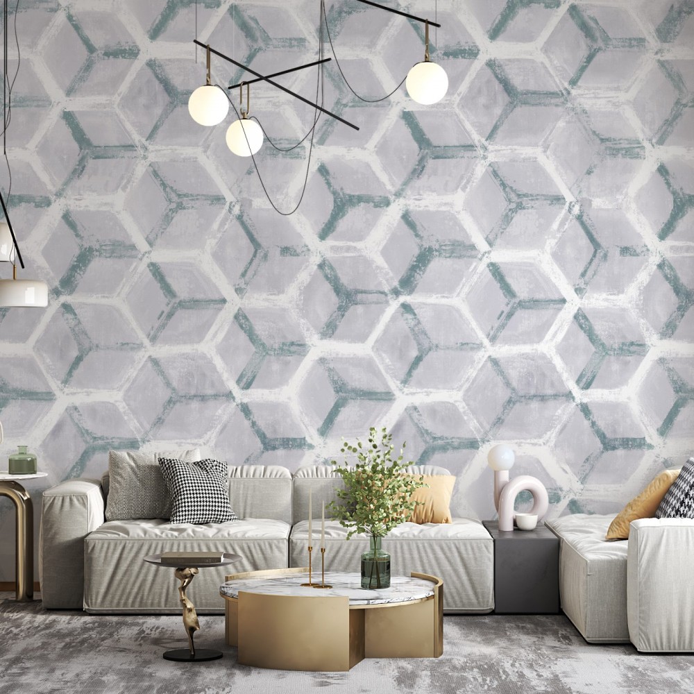 Minimalist İskandinav Stil Üç Boyutlu Altıgen Formlu ve Gri Tonlu Duvar Kağıdı