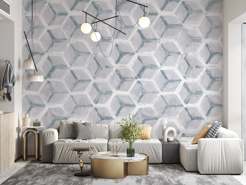 Minimalist İskandinav Stil Üç Boyutlu Altıgen Formlu ve Gri Tonlu Duvar Kağıdı