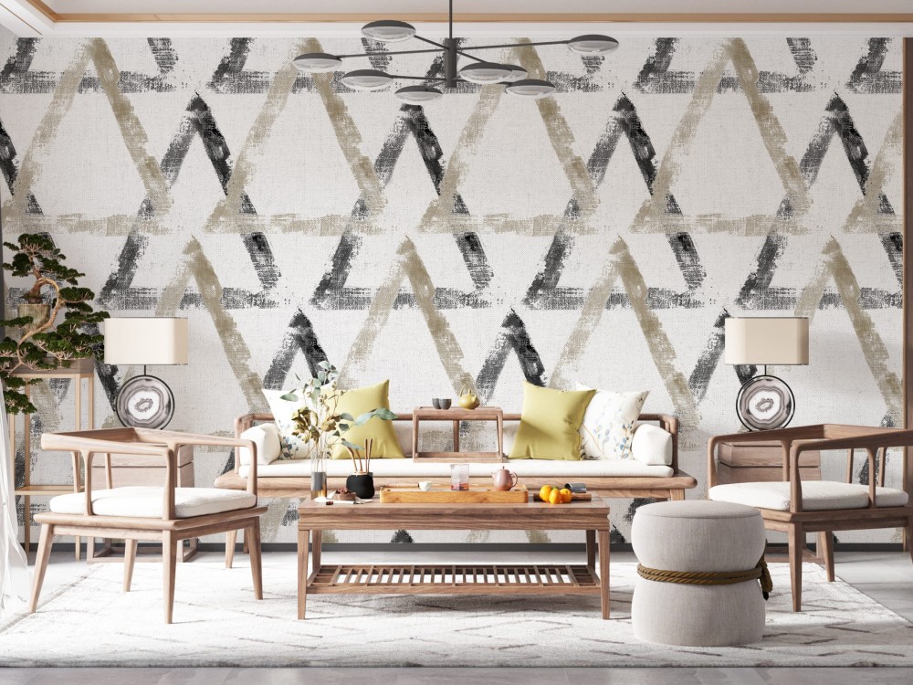 El Çizimi Fırça Darbeli Geometrik Üçgen Desenli Vizon Duvar Kağıdı