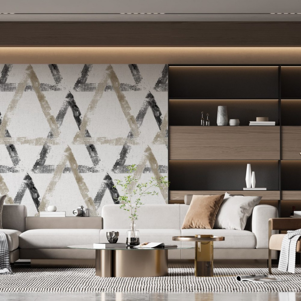 El Çizimi Fırça Darbeli Geometrik Üçgen Desenli Vizon Duvar Kağıdı