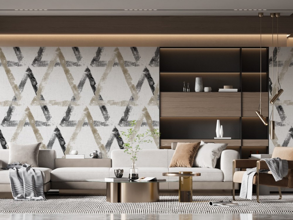 El Çizimi Fırça Darbeli Geometrik Üçgen Desenli Vizon Duvar Kağıdı