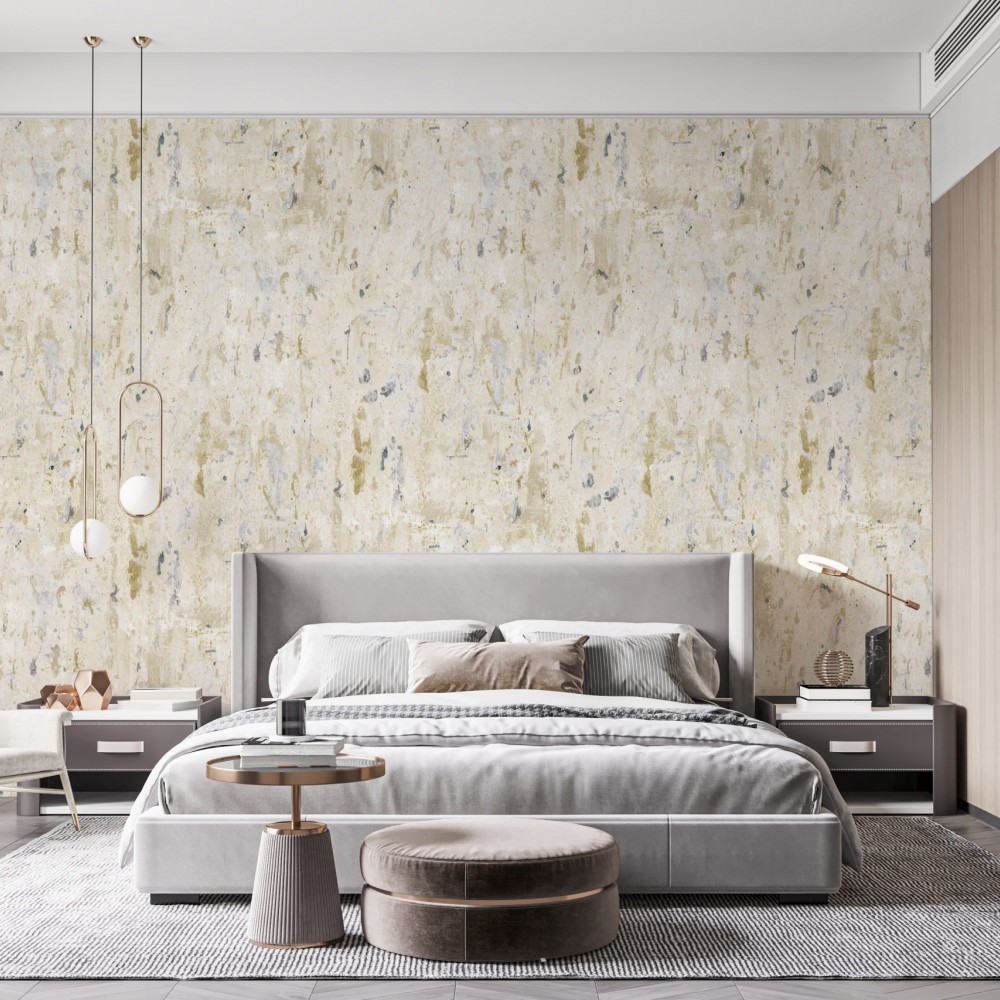 Eskitme Sıva Dokulu ve Bej-Altın Yansımalı Duvar Kağıdı