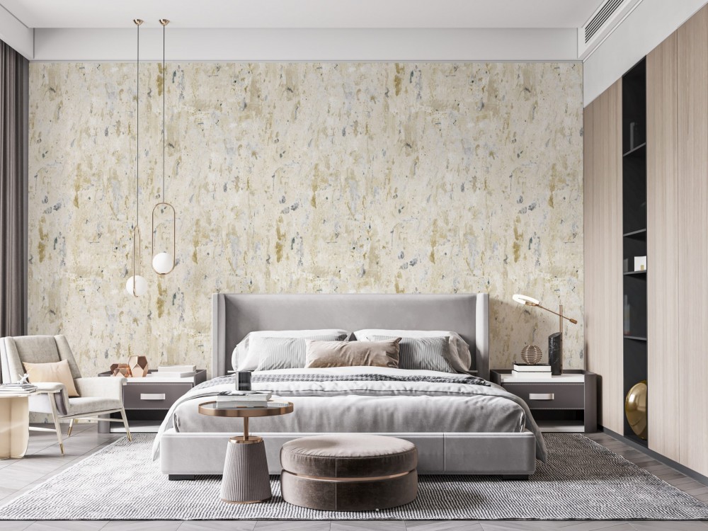 Eskitme Sıva Dokulu ve Bej-Altın Yansımalı Duvar Kağıdı