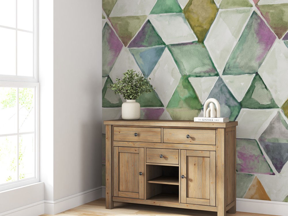 Suluboya Efektli Pırlanta Geometrik Desenli Çok Renkli Duvar Kağıdı