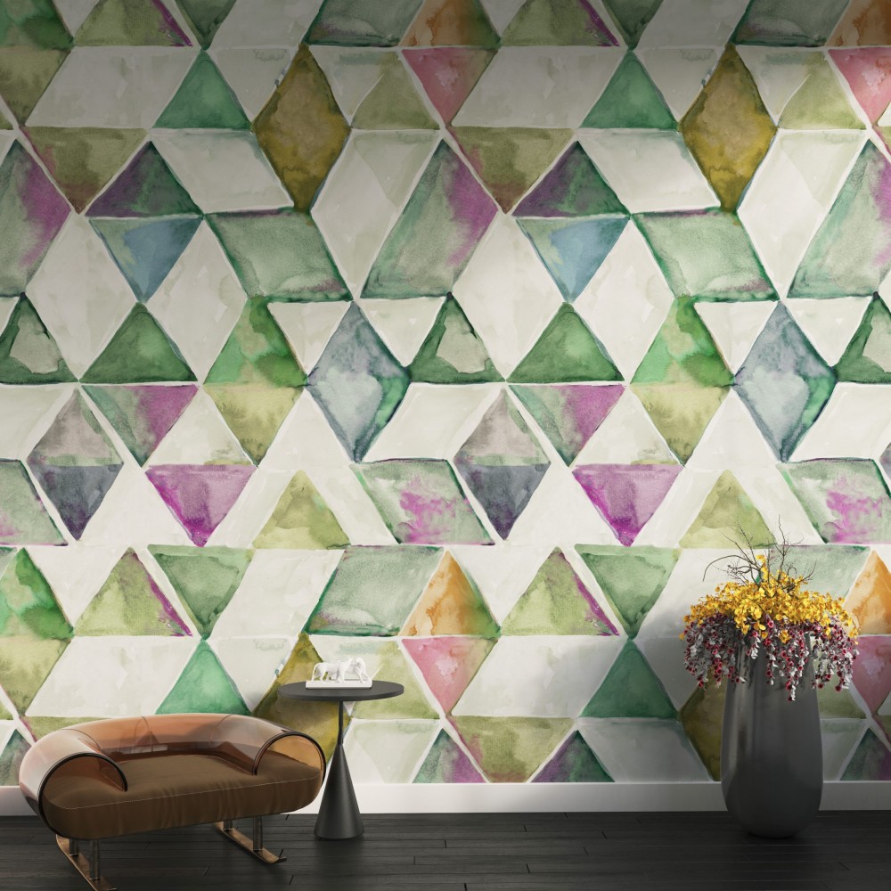Suluboya Efektli Pırlanta Geometrik Desenli Çok Renkli Duvar Kağıdı