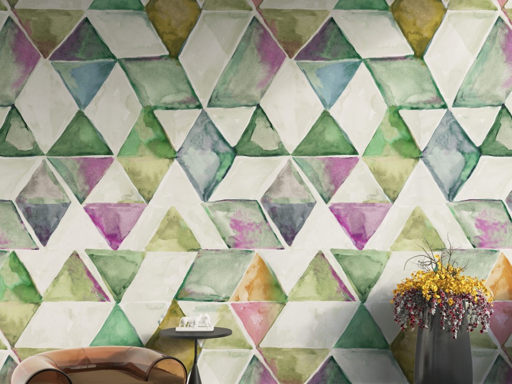 Suluboya Efektli Pırlanta Geometrik Desenli Çok Renkli Duvar Kağıdı