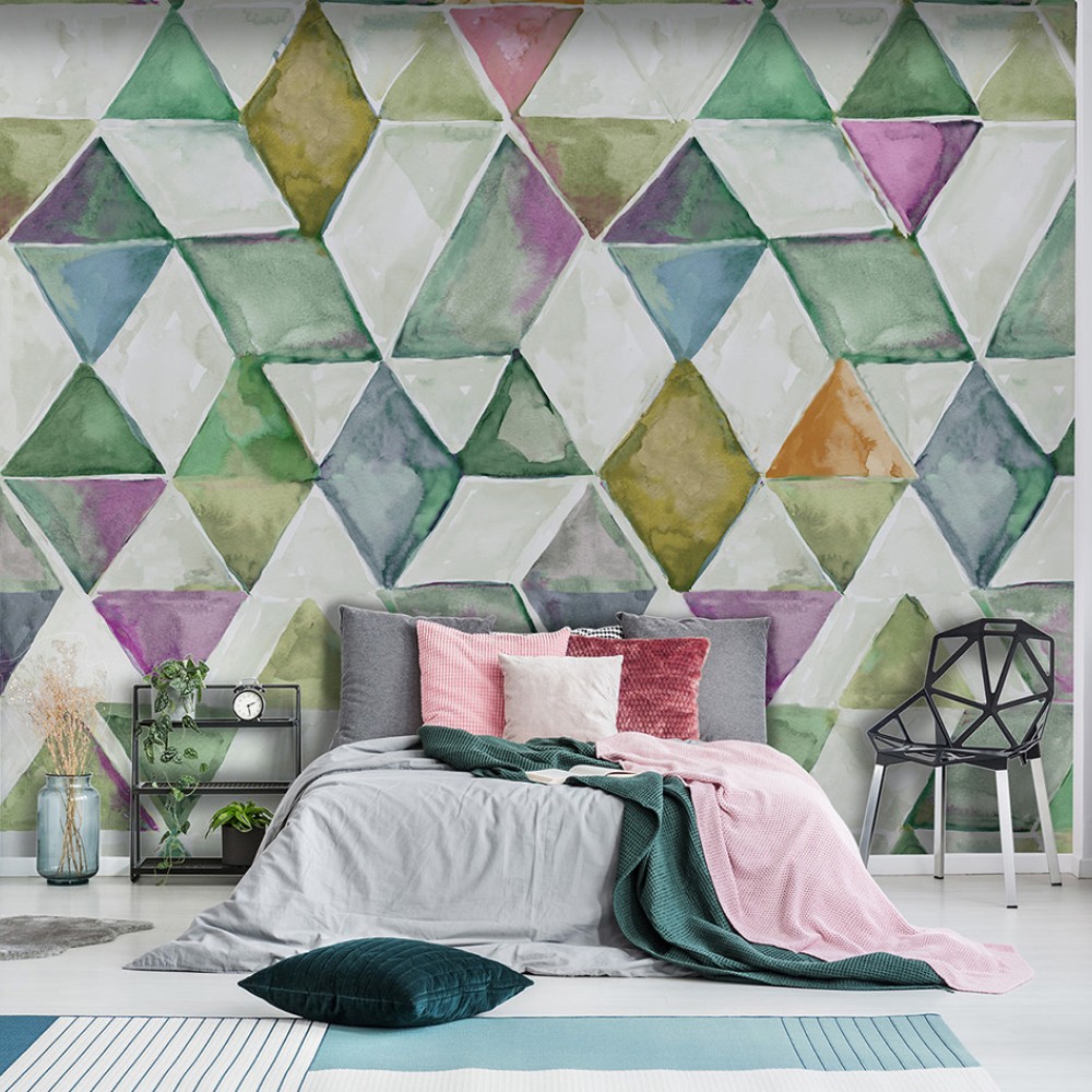 Suluboya Efektli Pırlanta Geometrik Desenli Çok Renkli Duvar Kağıdı