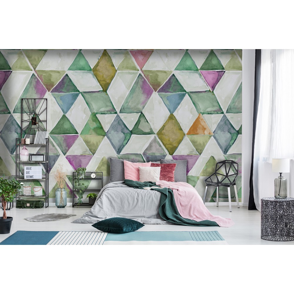 Suluboya Efektli Pırlanta Geometrik Desenli Çok Renkli Duvar Kağıdı