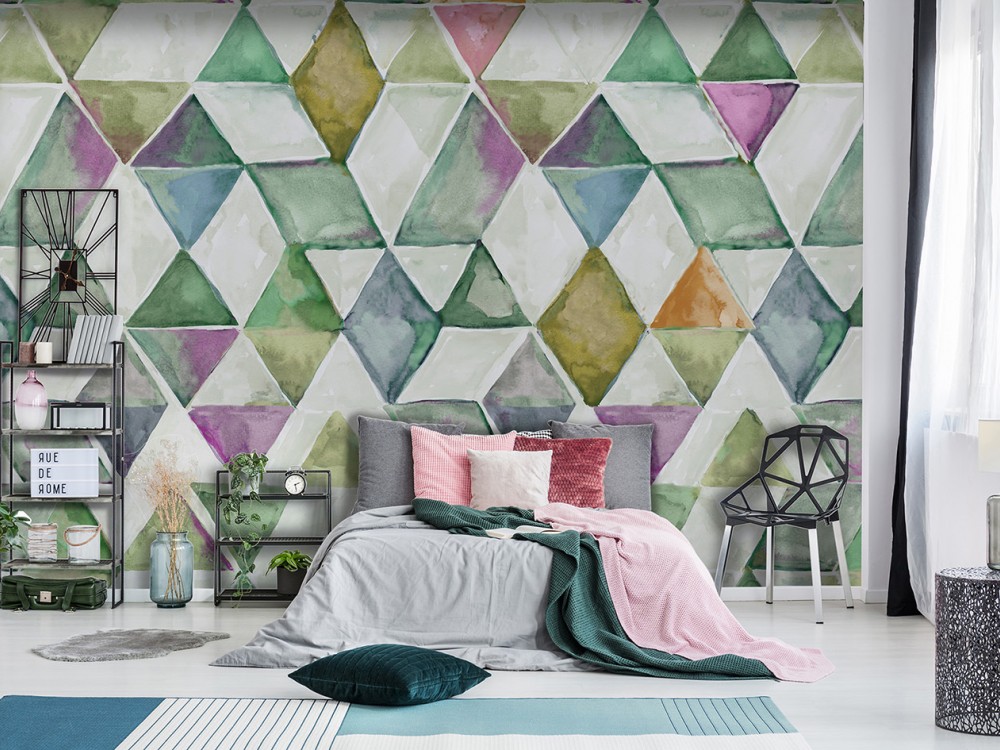 Suluboya Efektli Pırlanta Geometrik Desenli Çok Renkli Duvar Kağıdı