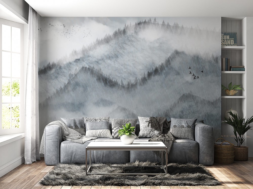 Puslu Dağ Manzaralı ve Çam Ormanı Silüetli Duvar Kağıdı