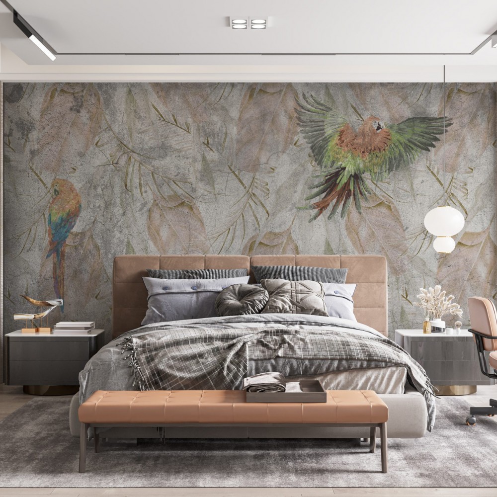Modern Vintage Eskitme Dokulu Tropikal Papağan ve Yaprak Desenli Duvar Kağıdı