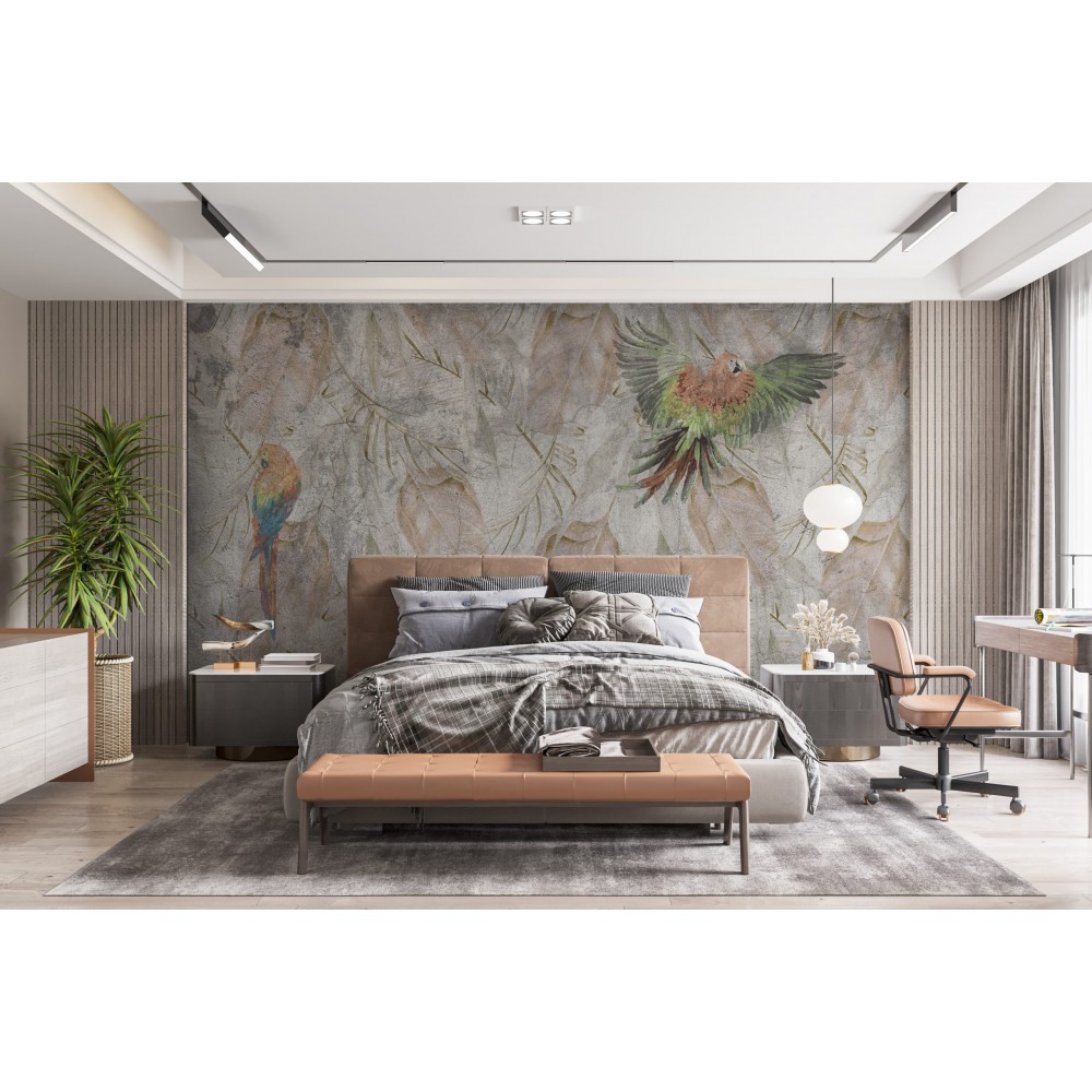 Modern Vintage Eskitme Dokulu Tropikal Papağan ve Yaprak Desenli Duvar Kağıdı