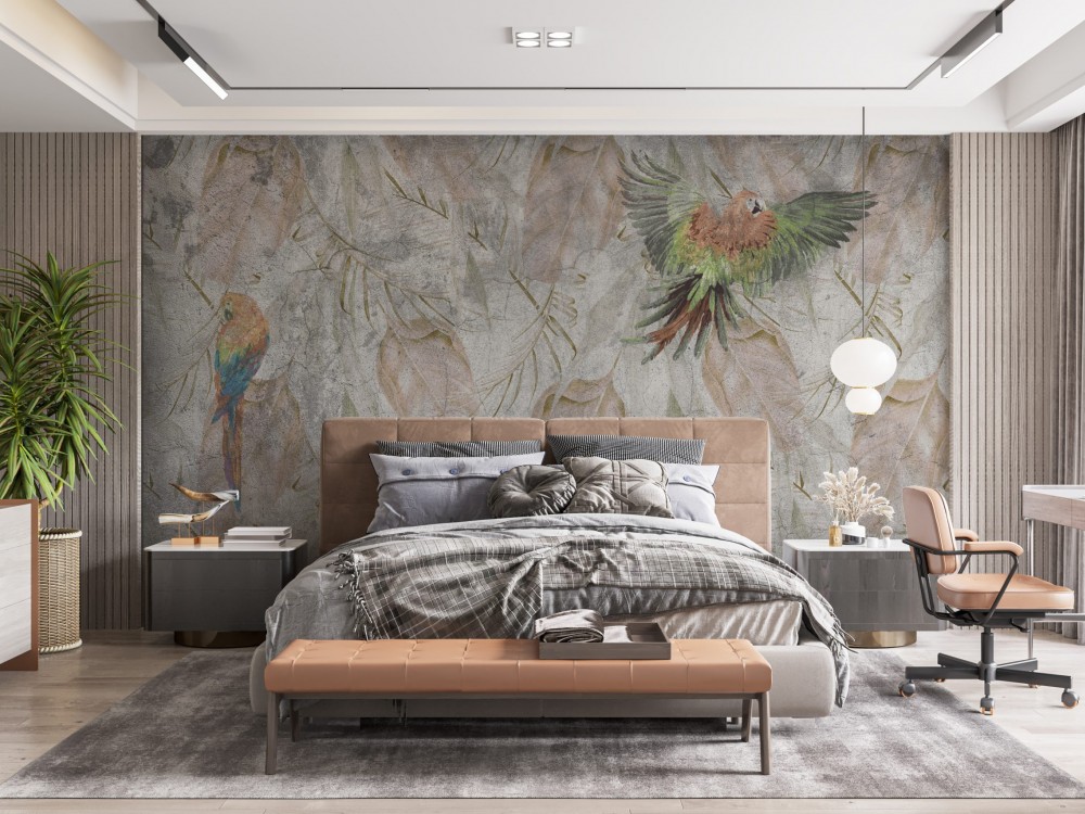 Modern Vintage Eskitme Dokulu Tropikal Papağan ve Yaprak Desenli Duvar Kağıdı