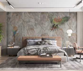 Modern Vintage Eskitme Dokulu Tropikal Papağan ve Yaprak Desenli Duvar Kağıdı