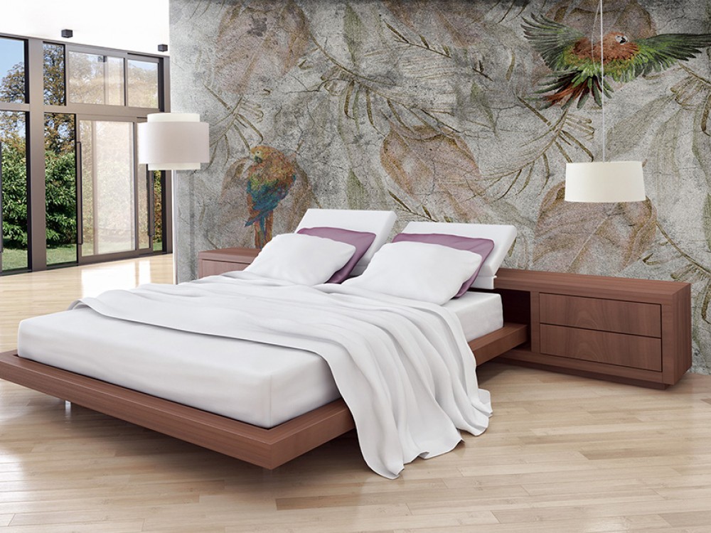 Modern Vintage Eskitme Dokulu Tropikal Papağan ve Yaprak Desenli Duvar Kağıdı