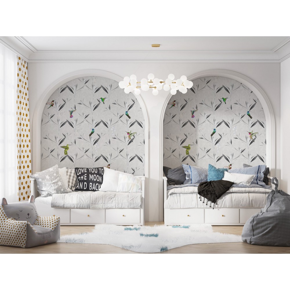 Dokulu Zemin Üzerine Renkli Sinek Kuşları Desenli Duvar Kağıdı