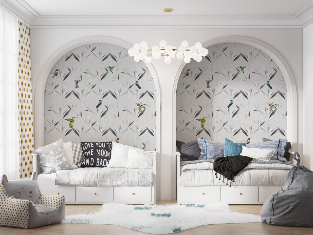 Dokulu Zemin Üzerine Renkli Sinek Kuşları Desenli Duvar Kağıdı