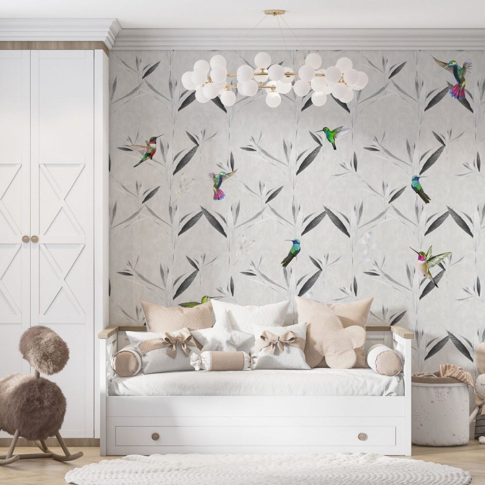 Dokulu Zemin Üzerine Renkli Sinek Kuşları Desenli Duvar Kağıdı