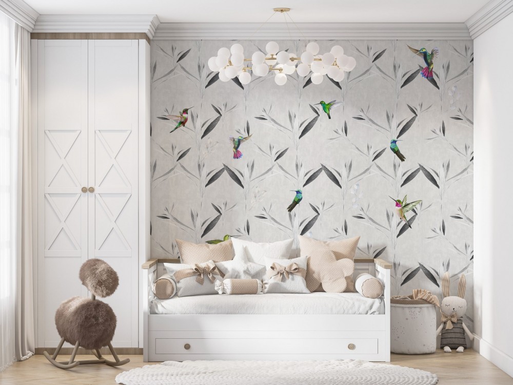 Dokulu Zemin Üzerine Renkli Sinek Kuşları Desenli Duvar Kağıdı