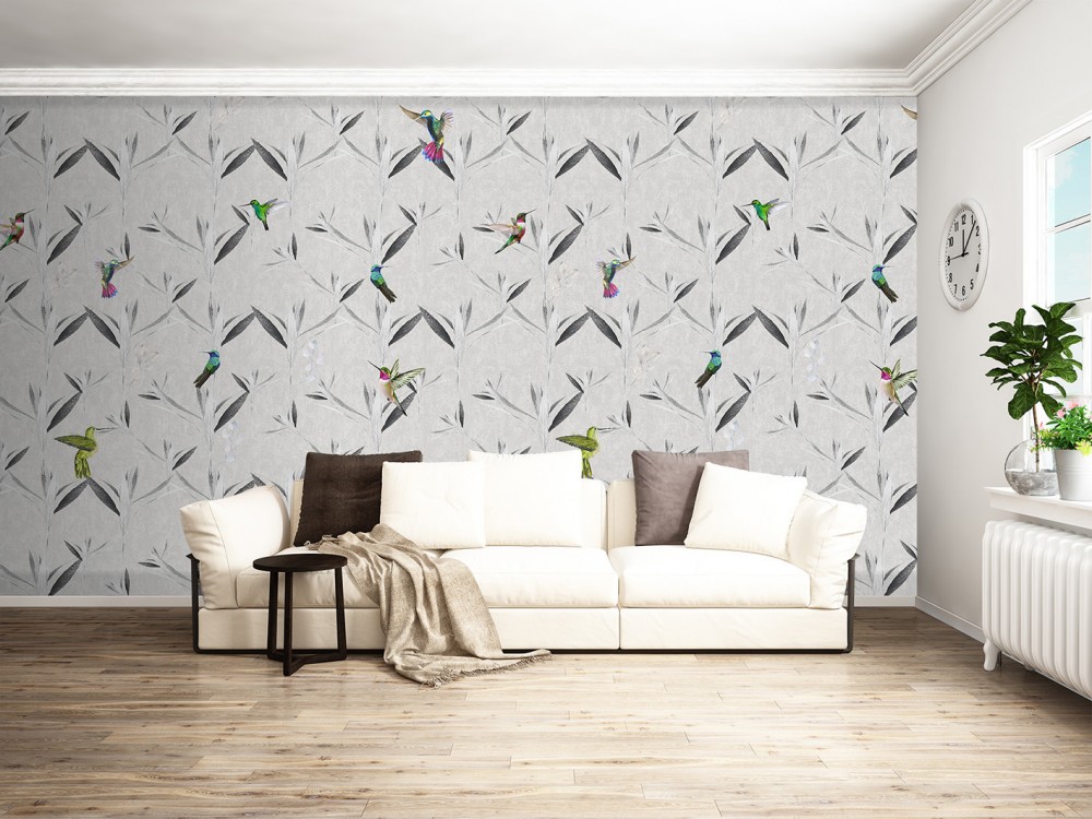 Dokulu Zemin Üzerine Renkli Sinek Kuşları Desenli Duvar Kağıdı