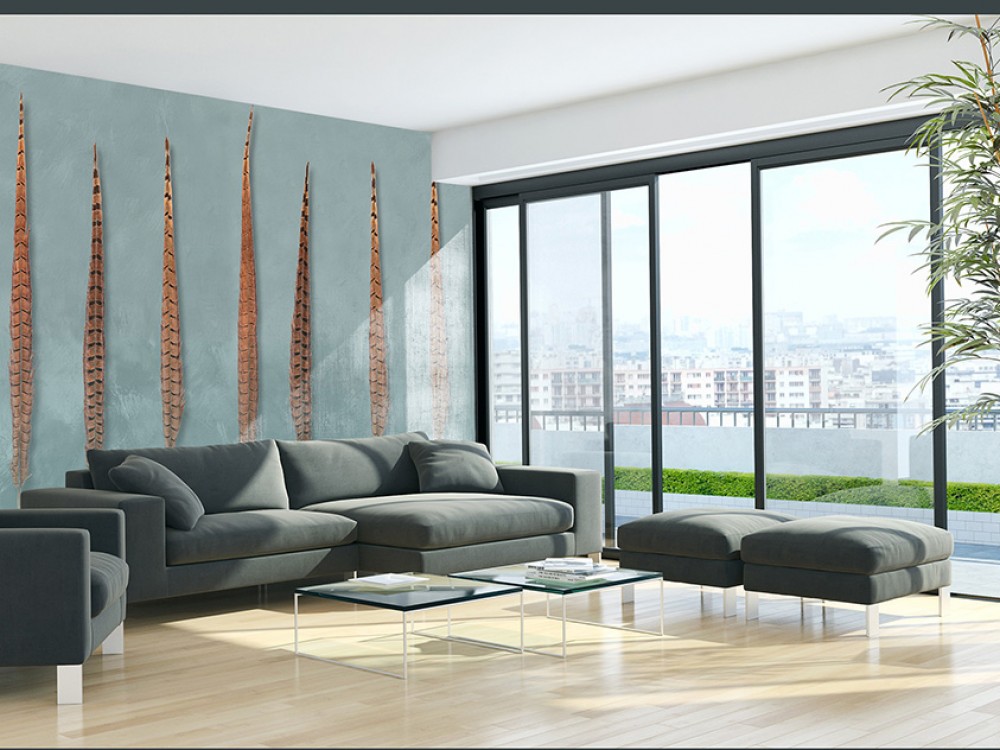 Modern Bohem Büyük Tüy Desenli ve Dokulu Turkuaz Duvar Kağıdı