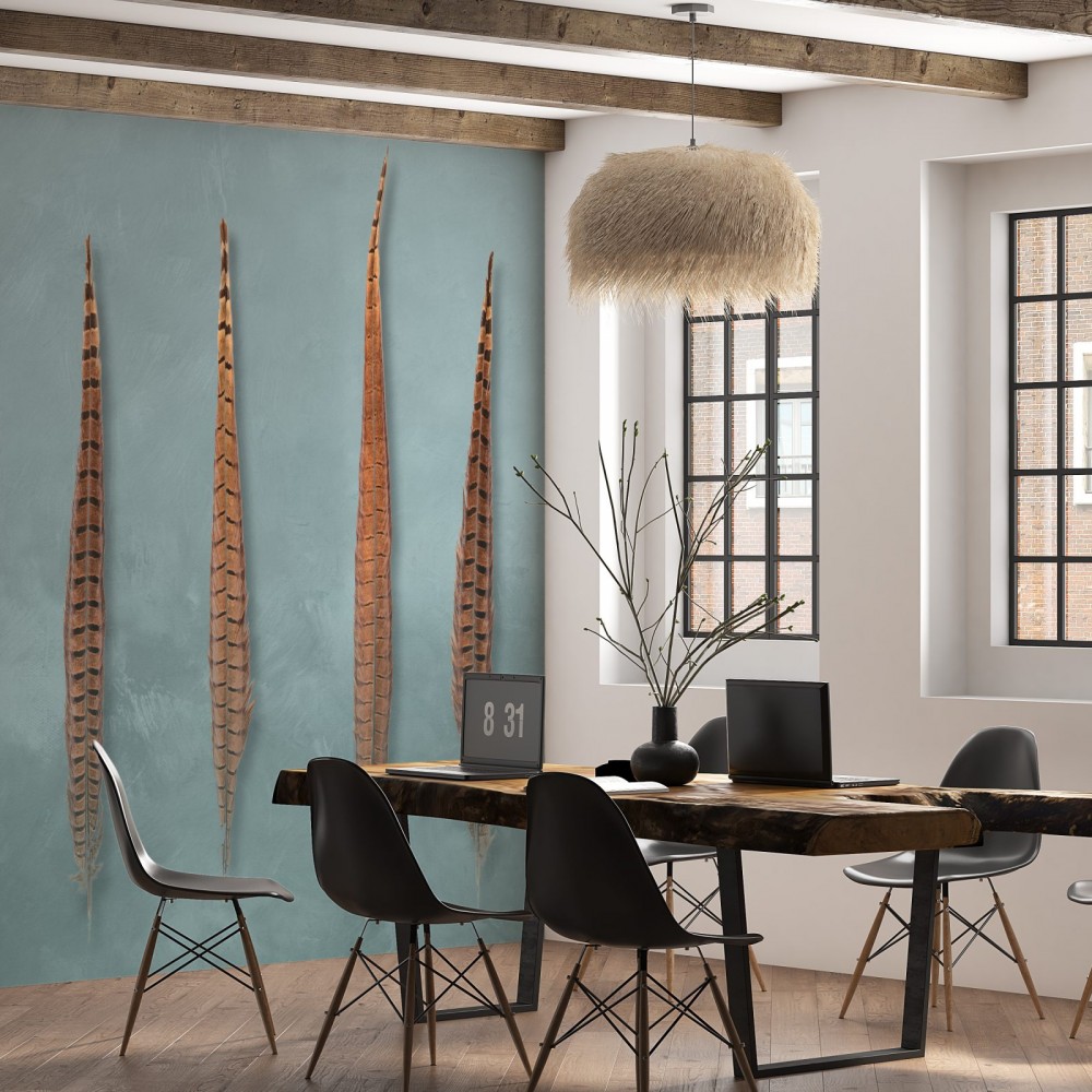 Modern Bohem Büyük Tüy Desenli ve Dokulu Turkuaz Duvar Kağıdı