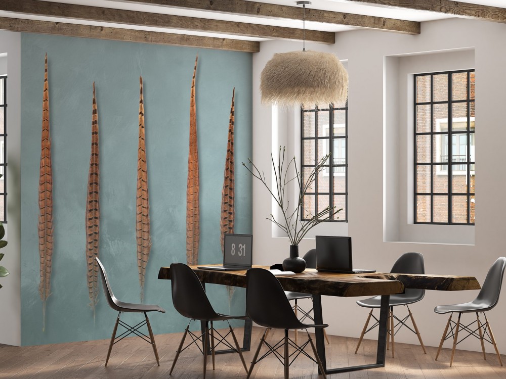 Modern Bohem Büyük Tüy Desenli ve Dokulu Turkuaz Duvar Kağıdı