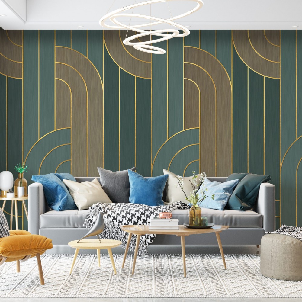 Modern Art Deco Geometrik Kavisli ve Altın Hatlı Duvar Kağıdı