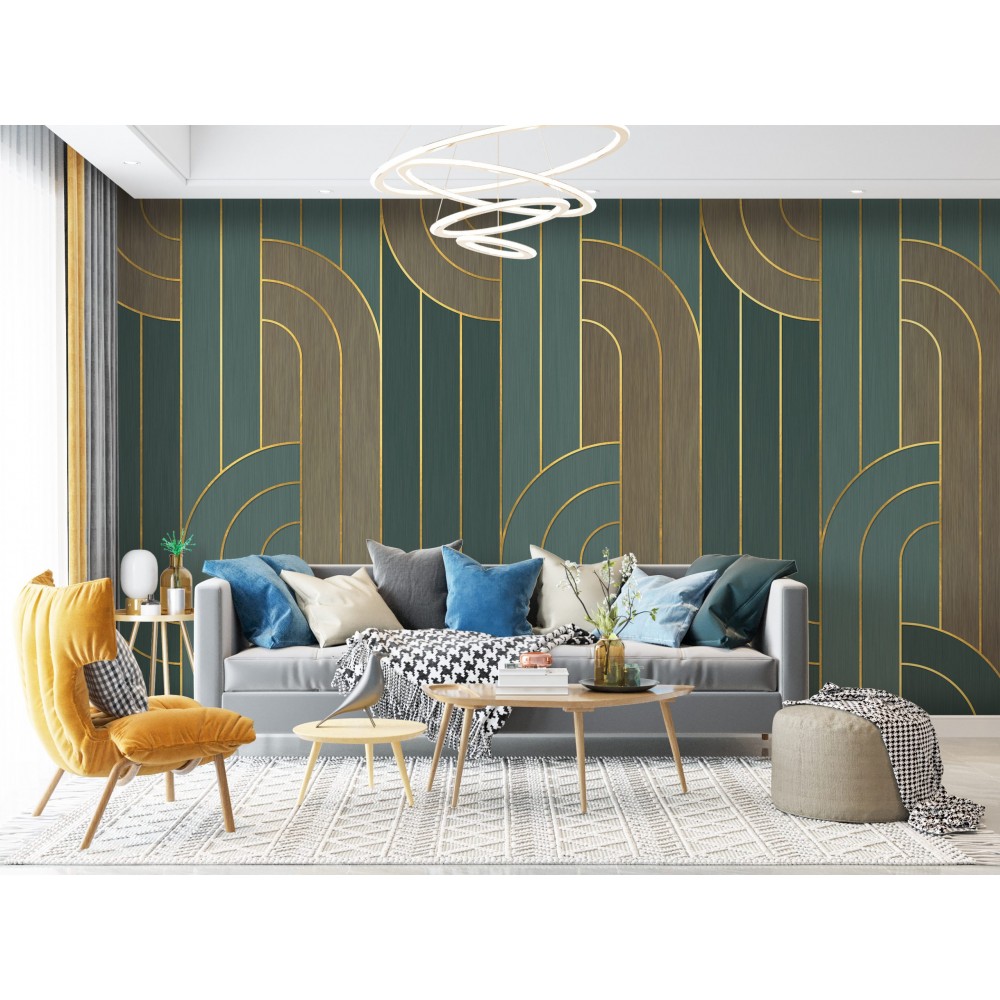 Modern Art Deco Geometrik Kavisli ve Altın Hatlı Duvar Kağıdı
