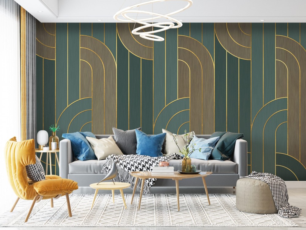 Modern Art Deco Geometrik Kavisli ve Altın Hatlı Duvar Kağıdı