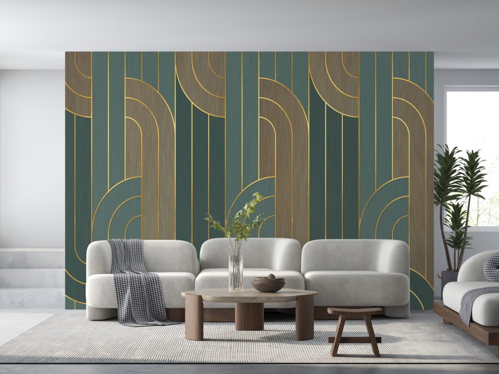 Modern Art Deco Geometrik Kavisli ve Altın Hatlı Duvar Kağıdı