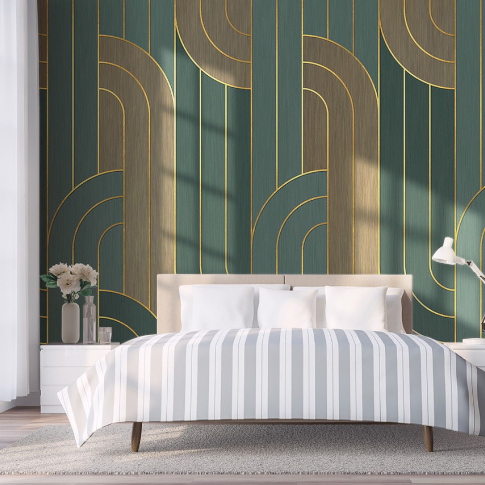 Modern Art Deco Geometrik Kavisli ve Altın Hatlı Duvar Kağıdı