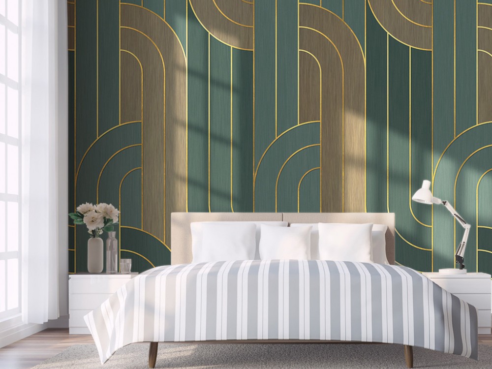 Modern Art Deco Geometrik Kavisli ve Altın Hatlı Duvar Kağıdı