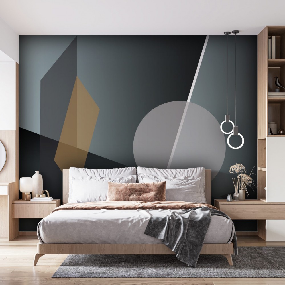 Koyu Gri Zemin Üzerine Dairesel ve Köşeli Formlu Sanatsal Duvar Kağıdı