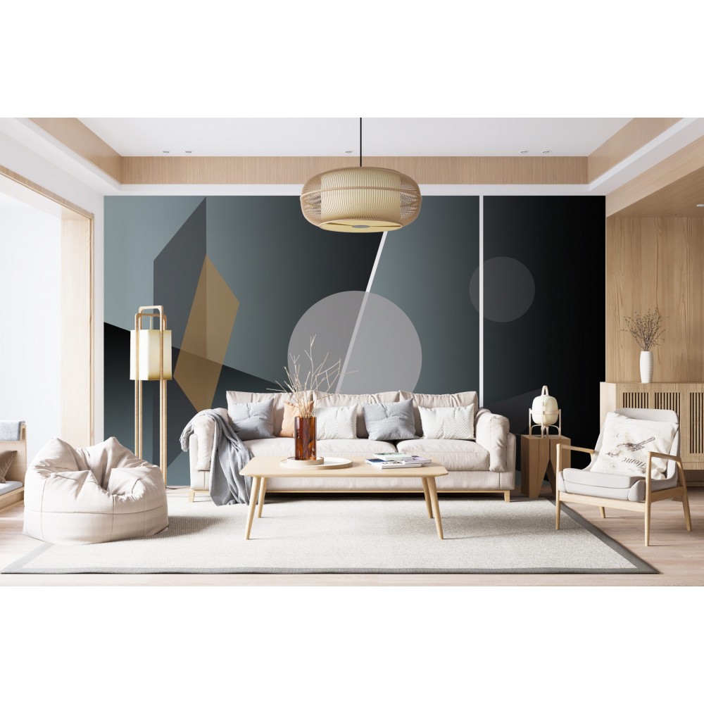 Koyu Gri Zemin Üzerine Dairesel ve Köşeli Formlu Sanatsal Duvar Kağıdı