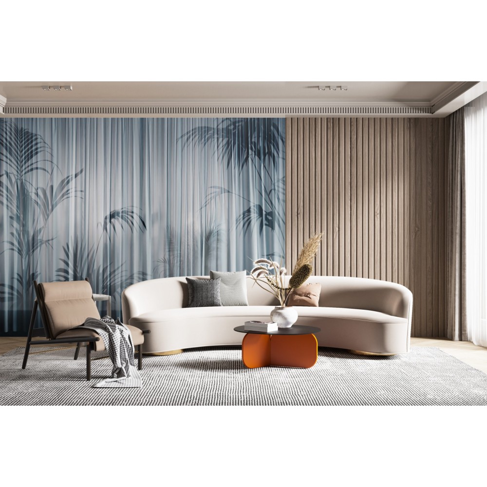Buğulu Cam Efektli Tropikal Palmiye Yaprağı ve Dikey Çizgili Duvar Kağıdı