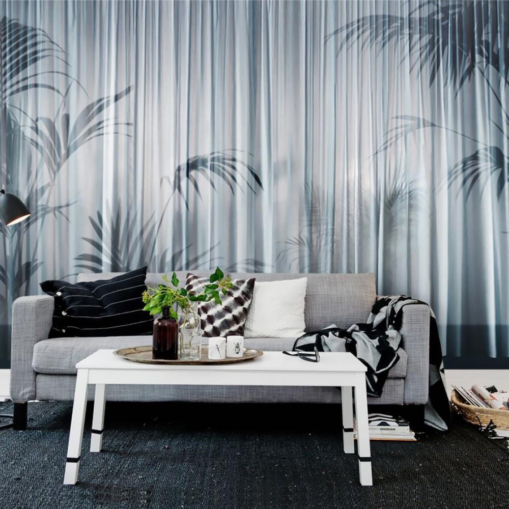 Buğulu Cam Efektli Tropikal Palmiye Yaprağı ve Dikey Çizgili Duvar Kağıdı