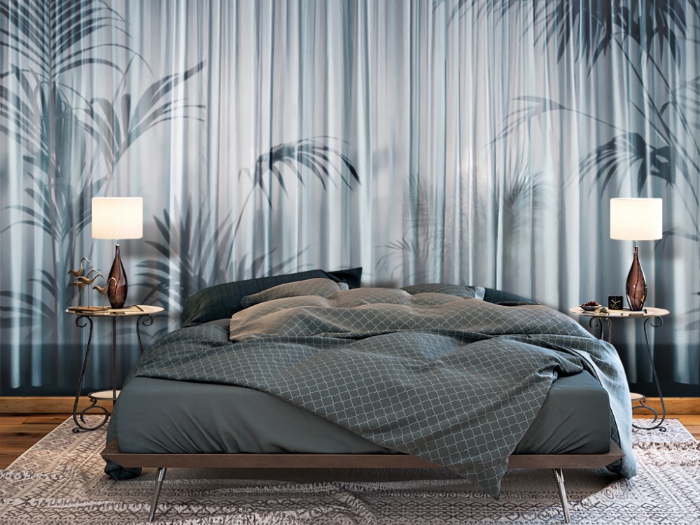 Buğulu Cam Efektli Tropikal Palmiye Yaprağı ve Dikey Çizgili Duvar Kağıdı