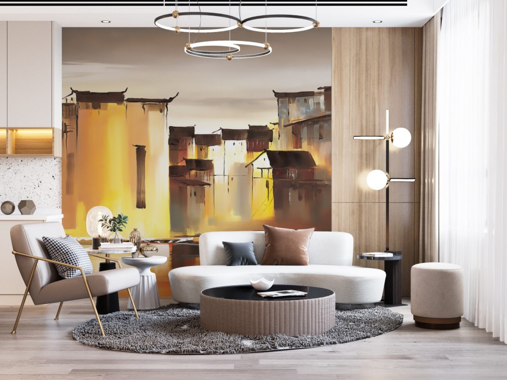 Yağlı Boya Dokulu Soyut Şehir ve Nehir Manzaralı Modern Duvar Kağıdı