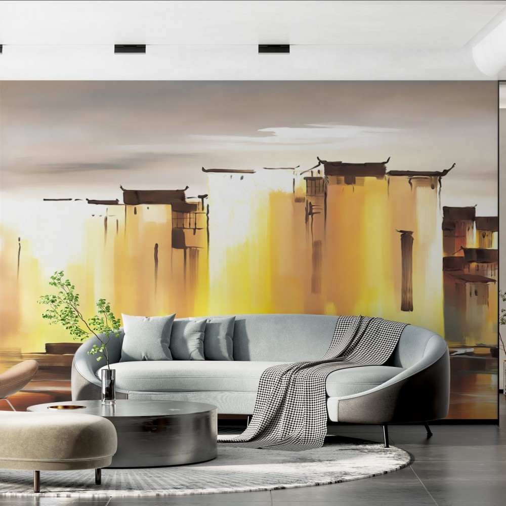 Yağlı Boya Dokulu Soyut Şehir ve Nehir Manzaralı Modern Duvar Kağıdı