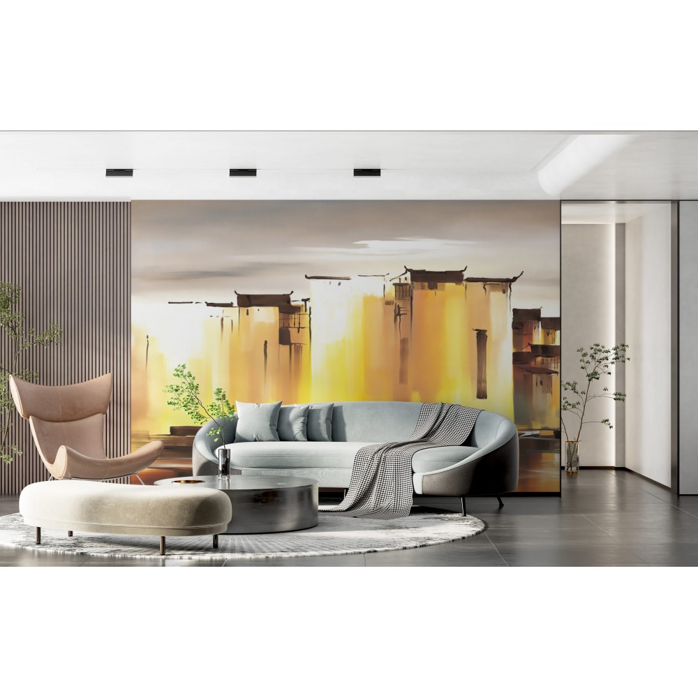 Yağlı Boya Dokulu Soyut Şehir ve Nehir Manzaralı Modern Duvar Kağıdı